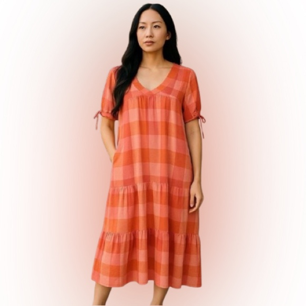 Terra & Sky Pink Tiered Maxi Dress 1X Crinkle Prairiecore Cottagecore Tie Sleeve
